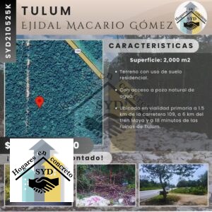 Terreno Residencial Macario Gómez Tulum en Tulum Quintana Roo
